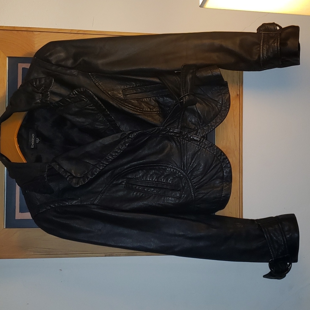 BEBE lambskin black Leather Jacket Sz small Unique Style